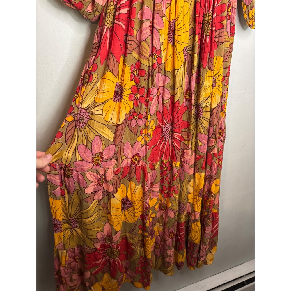 Angie Floral Smocked Maxi Dress S Yellow Red Boho Puff Sleeve Cottagecore - Picture 6 of 6